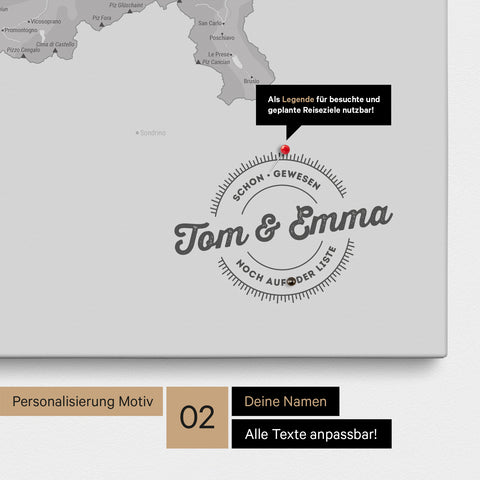 Pinnwand Leinwand einer Schweizkarte in Farbe Hellgrau mit personalisiertem Eindruck von Namen und einer Legende zum Markieren