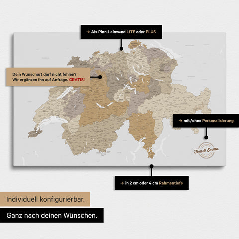 Vielfältige Konfigurationsmöglichkeiten einer Schweiz-Karte in Multicolor Beige