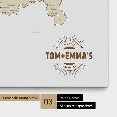 Schweiz-Karte als Pinn-Leinwand in Multicolor Beige mit eingedruckten Namen als Logo in Form einer Sonne