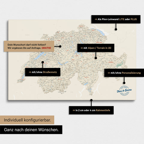 Vielfältige Konfigurationsmöglichkeiten einer Schweiz-Karte in Multicolor Classic