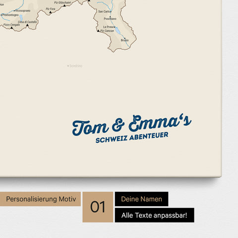 Schweiz-Karte als Pinnwand Leinwand in Multicolor Classic mit Personalisierung und Eindruck mit deinem Namen