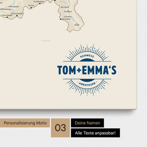 Schweiz-Karte als Pinn-Leinwand in Multicolor Classic mit eingedruckten Namen als Logo in Form einer Sonne