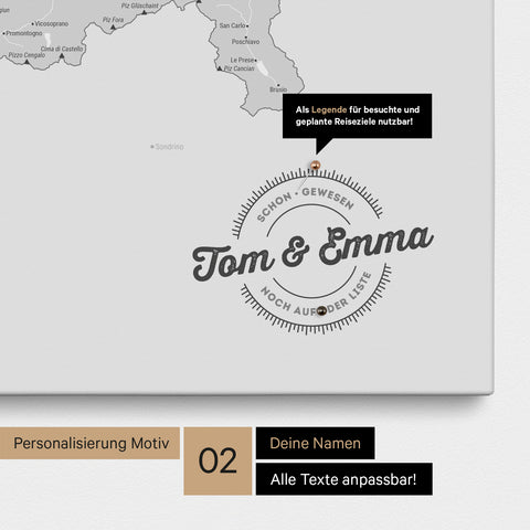 Pinnwand Leinwand einer Schweizkarte in Farbe Multicolor Grau mit personalisiertem Eindruck von Namen und einer Legende zum Markieren