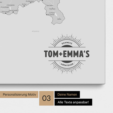 Schweiz-Karte als Pinn-Leinwand in Multicolor Grau mit eingedruckten Namen als Logo in Form einer Sonne