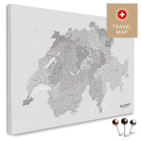 Schweiz-Landkarte in Multicolor Grau als Pinnwand Leinwand zum Pinnen und Markieren von Reisezielen kaufen