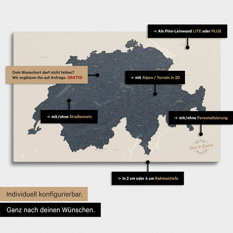 Vielfältige Konfigurationsmöglichkeiten einer Schweiz-Karte in Navy Light