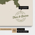 Pinnwand Leinwand einer Schweizkarte in Farbe Olive Green mit personalisiertem Eindruck von Namen und einer Legende zum Markieren