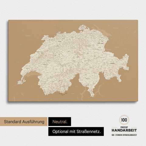 Neutrale und schlichte Standard-Ausführung einer Schweiz-Karte als Pinn-Leinwand in Treasure Treasure Gold