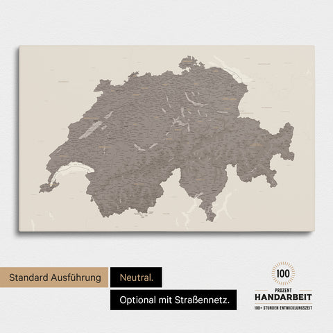 Neutrale und schlichte Standard-Ausführung einer Schweiz-Karte als Pinn-Leinwand in Treasure Warmgray (Braun-Grau)