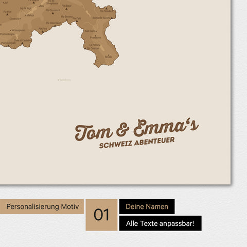 Personalisierte Schweiz-Karte als Poster mit vier unterschiedlichen Motiven zur Personalisierung