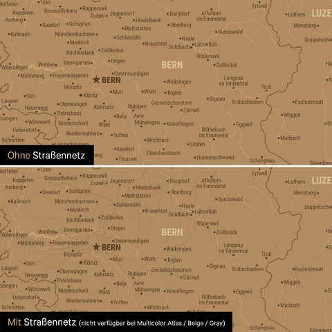Vergleich einer Schweiz-Karte mit und ohne Straßennetz