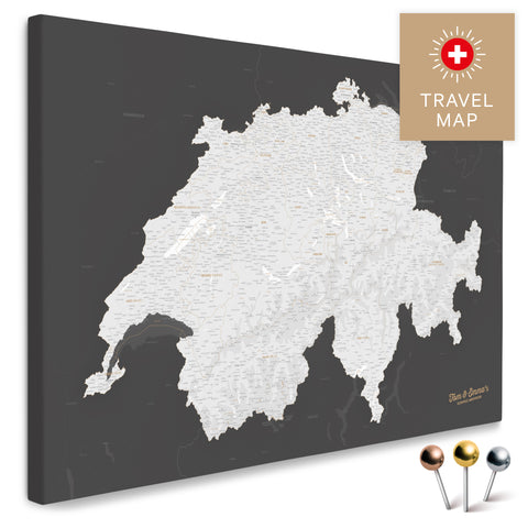Schweiz-Landkarte in Dunkelgrau als Pinnwand Leinwand zum Pinnen und Markieren von Reisezielen kaufen