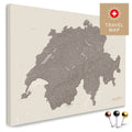 Schweiz-Landkarte in Warmgray (Braun-Grau) als Pinnwand Leinwand zum Pinnen und Markieren von Reisezielen kaufen