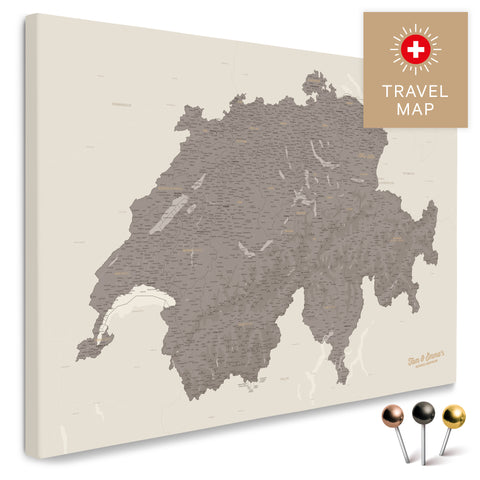 Schweiz-Landkarte in Warmgray (Braun-Grau) als Pinnwand Leinwand zum Pinnen und Markieren von Reisezielen kaufen