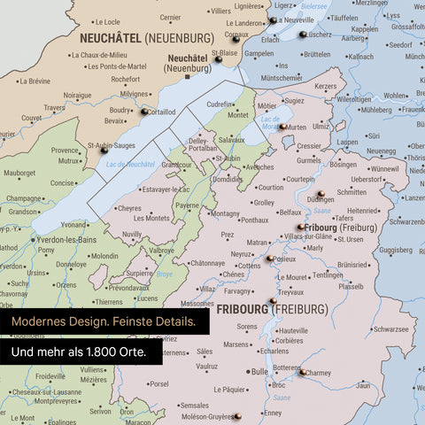 sschnitte einer politischen Schweizkarte in der Region Freiburg und Thunersee als Pinn-Leinwand in Multicolor Atlas mit 1.400 Orten