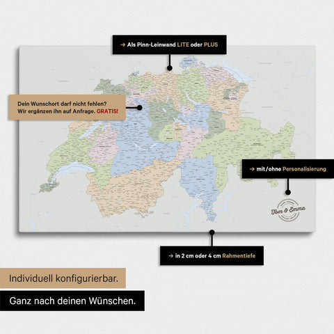 Vielfältige Konfigurationsmöglichkeiten einer politischen Schweiz-Karte in Multicolor Atlas