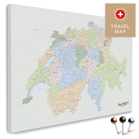 Politische Schweiz-Landkarte in Multicolor Atlas als Pinnwand Leinwand zum Pinnen und Markieren von Reisezielen kaufen