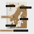 Konfigurationsmöglichkeiten einer Skandinavien-Landkarte als Pinn-Leinwand in Bronze 