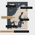 Konfigurationsmöglichkeiten einer Skandinavien-Landkarte als Pinn-Leinwand in Hale Navy 