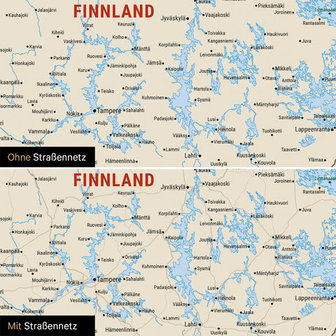 Skandinavien-Karte Leinwand in Multicolor Classic wahlweise mit oder ohne Straßennetz