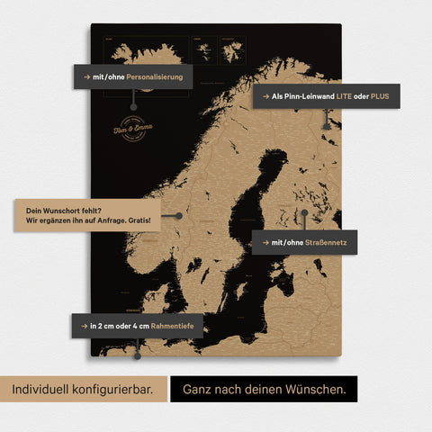 Konfigurationsmöglichkeiten einer Skandinavien-Landkarte als Pinn-Leinwand in Sonar Black 