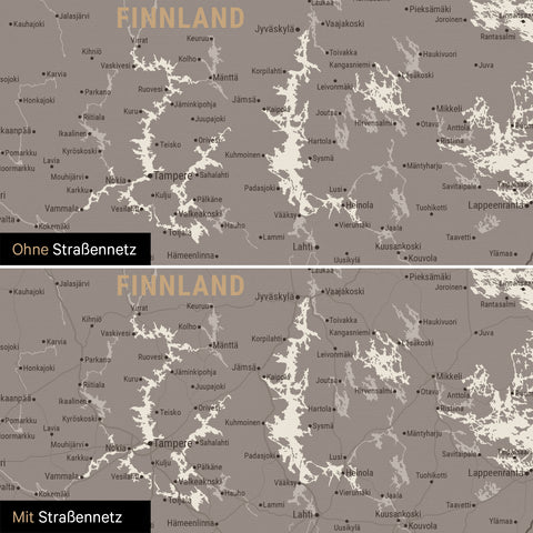 Skandinavien-Karte Leinwand in Warmgray (Braun-Grau) wahlweise mit oder ohne Straßennetz
