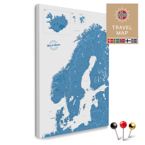 Skandinavien-Karte in Blau als Pinnwand Leinwand zum Pinnen und Markieren von Reisezielen kaufen