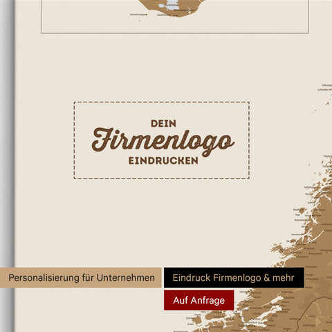 Skandinavien-Karte als Pinn-Leinwand in Bronze mit Eindruck eines Firmenlogos