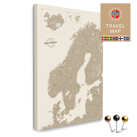 Skandinavien-Karte in Desert Sand (Beige) als Pinnwand Leinwand zum Pinnen und Markieren von Reisezielen kaufen