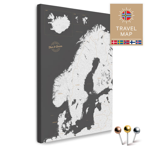 Skandinavien-Karte in Dunkelgrau als Pinnwand Leinwand zum Pinnen und Markieren von Reisezielen kaufen