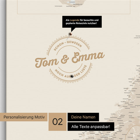 Pinnwand Leinwand einer Skandinavienkarte in Farbe Gold mit personalisiertem Eindruck von Namen und einer Legende zum Markieren