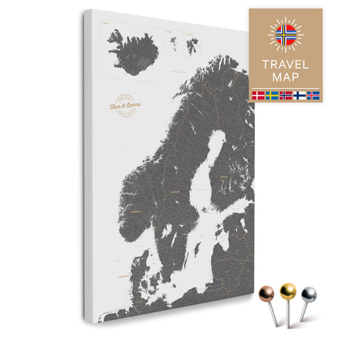Skandinavien-Karte in Grau als Pinnwand Leinwand zum Pinnen und Markieren von Reisezielen kaufen