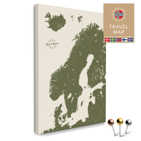Skandinavien-Karte in Grün als Pinnwand Leinwand zum Pinnen und Markieren von Reisezielen kaufen
