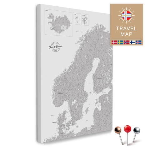 Skandinavien-Karte in Hellgrau als Pinnwand Leinwand zum Pinnen und Markieren von Reisezielen kaufen