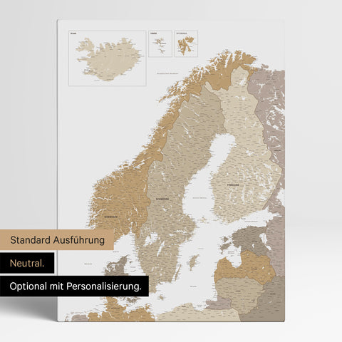 Neutrale und schlichte Standard-Ausführung einer Skandinavien-Karte als Pinn-Leinwand in Multicolor Beige mit oder ohne Straßennetz