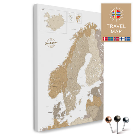 Skandinavien-Karte in Multicolor Beige als Pinnwand Leinwand zum Pinnen und Markieren von Reisezielen kaufen