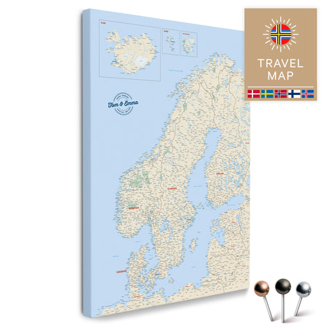 Skandinavien-Karte in Multicolor Classic als Pinnwand Leinwand zum Pinnen und Markieren von Reisezielen kaufen