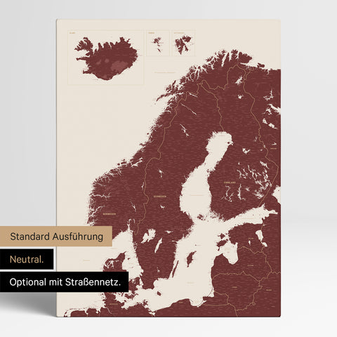 Neutrale und schlichte Standard-Ausführung einer Skandinavien-Karte als Pinn-Leinwand in Bordeaux Rot mit oder ohne Straßennetz
