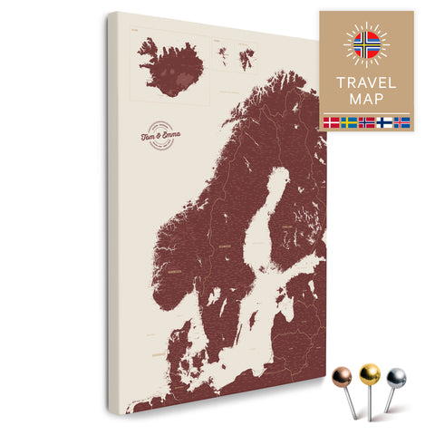 Skandinavien-Karte in Bordeaux Rot als Pinnwand Leinwand zum Pinnen und Markieren von Reisezielen kaufen