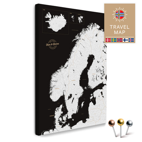 Skandinavien-Karte in Dark Black (Schwarz-Weiss) als Pinnwand Leinwand zum Pinnen und Markieren von Reisezielen kaufen