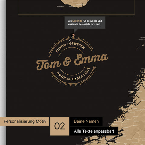 Pinnwand Leinwand einer Skandinavienkarte in Farbe Sonar Black mit personalisiertem Eindruck von Namen und einer Legende zum Markieren