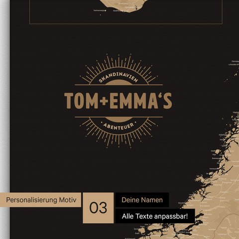 Skandinavien-Karte als Pinn-Leinwand in Sonar Black mit eingedruckten Namen als Logo in Form einer Sonne