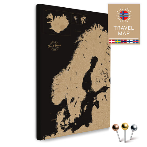 Skandinavien-Karte in Sonar Black als Pinnwand Leinwand zum Pinnen und Markieren von Reisezielen kaufen