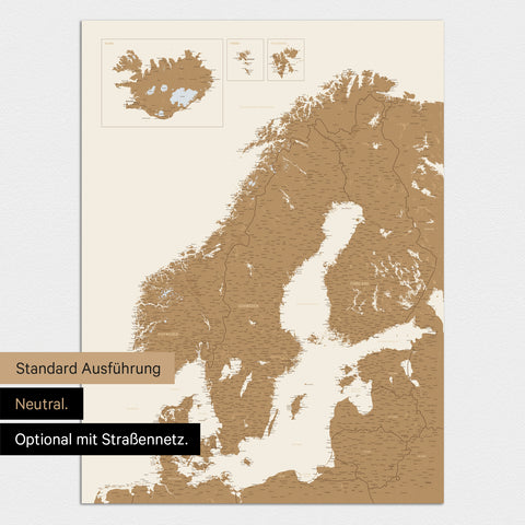 Neutrale Ausführung einer Skandinavien-Karte als Design-Poster ohne Personalisierung