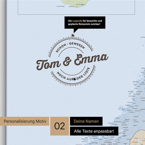 Pinnwand Leinwand einer politischen Skandinavienkarte in Farbe Multicolor Atlas mit personalisiertem Eindruck von Namen und einer Legende zum Markieren