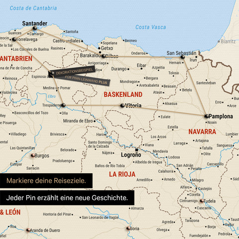 Moderne Spanien- & Portugal Landkarte in der Farbe Multicolor Classic als Pinn-Leinwand zeigt einen Ausschnitt vom Baskenland und Navarra, in der bereits besuchte Reiseziele durch Pins markiert sind 