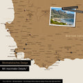Detail of a South Africa map as a Push Pin Map in minimalist design and bronze color, showing travel destinations marked with pins in the region around Cape Town. Photos can also be attached to the Push Pin Map.