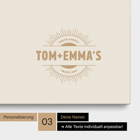 Südafrika-Karte als Pinn-Leinwand in Gold mit eingedruckten Namen als Logo in Form einer Sonne