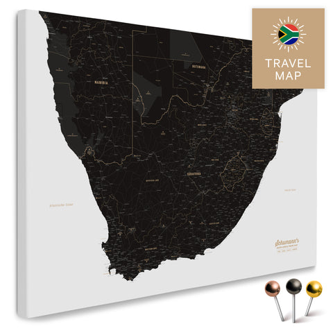 Südafrika-Landkarte in Farbe Light Black als Pinn-Leinwand, mit Pins zur Markierung von Reisezielen, hochwertig in Deutschland gefertigt.