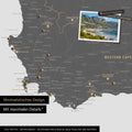 Detail einer Südafrika Landkarte als Pinn-Leinwand im minimalstischen Design und Farbe Light Gray, die mit Pins markierte Reiseziele in der Region rund um Kapstadt zeigt. Auf der Pinn-Leinwand können auch Fotos befestigt werden.